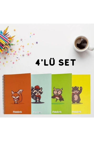A5 Spiralli Sevimli Hayvanlar Konsept Defter 40 yaprak 4'lü (Tamamı Çizgisiz) ürün görseli 1