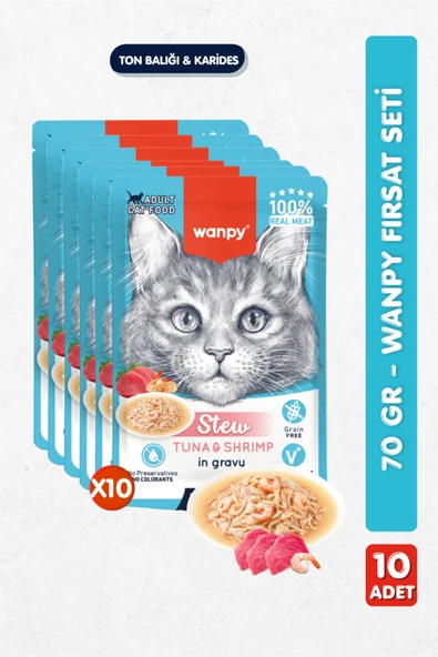 10lu Yetişkin Kedi Yaş Maması Ton Balığı & Karides Premium Kalite 10 x 70 gr ürün görseli 1