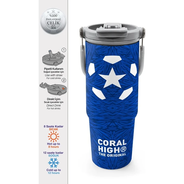 Coral High Lacivert Saks Futbol Desenli Pipetli ve Direkt Içim Çelik Termos 900 ml 38721 ürün görseli 1