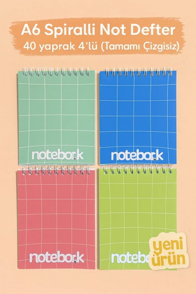 A6 Spiralli Not Defter 40 yaprak 4'lü (Tamamı Çizgisiz) ürün görseli 1