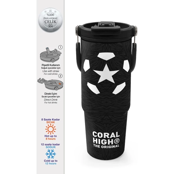 Coral High Siyah Futbol Desenli Pipetli ve Direkt Içim Çelik Termos 900 ml 38722 ürün görseli 1