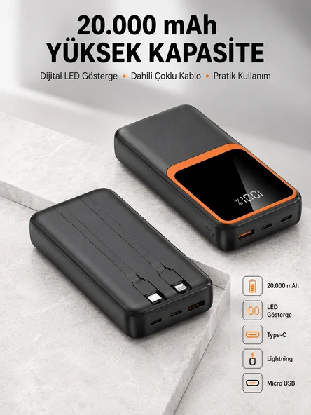Dijital Ekranlı 20.000 Mah | 22.5W Hızlı + Çoklu Bağlantı Seçeneği Yeni Nesil ürün görseli 1