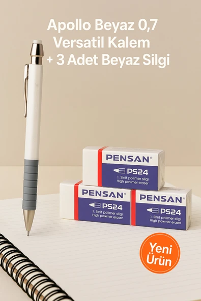 Apollo Beyaz 0.7 Versatil Kalem + 3 Adet Beyaz Silgi ürün görseli 1