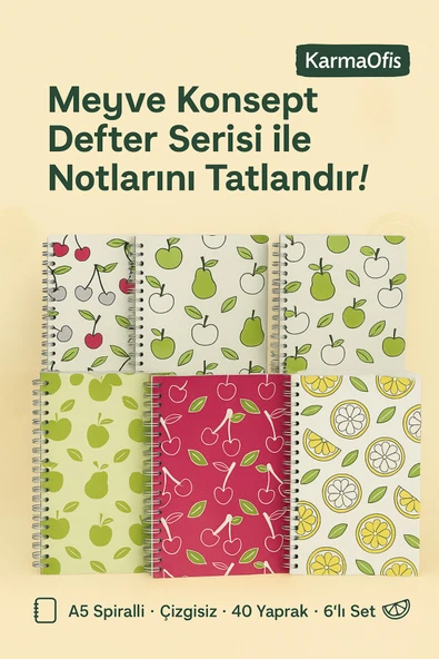 A5 Spiralli Meyve Konsept Defter 40 yaprak 6'lı (Tamamı Çizgisiz) ürün görseli 1