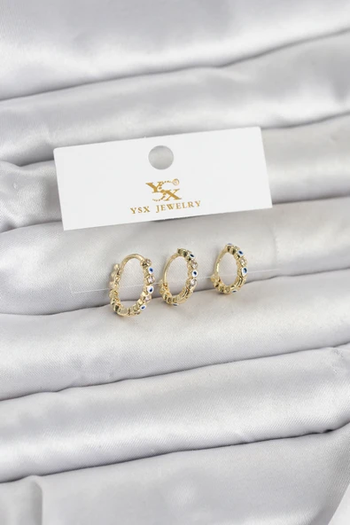 Pirinç Gold Renk Nazarlı Model 3'Lü Kadın Küpe ürün görseli 1