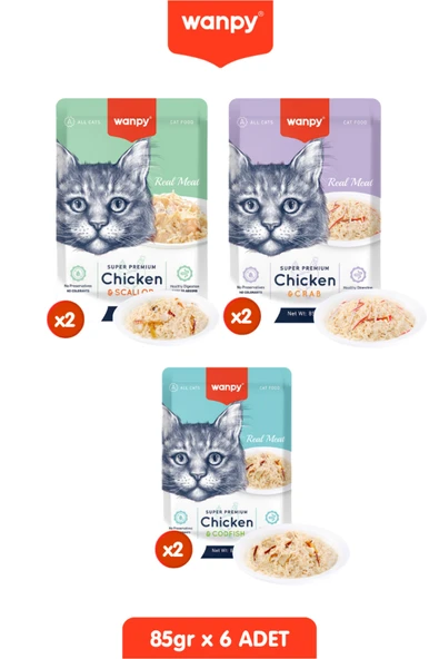3 Çeşit Kedi Ödülü Pouch Tavuklu & Morina & Yengeç & Deniz Tarağı Yaş Kedi Maması 6 Adet x 85gr ürün görseli 1