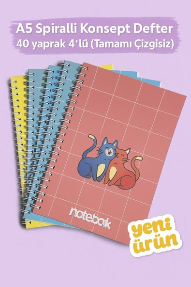 A5 Spiralli Konsept Defter 40 yaprak 4'lü (Tamamı Çizgisiz) ürün görseli 1