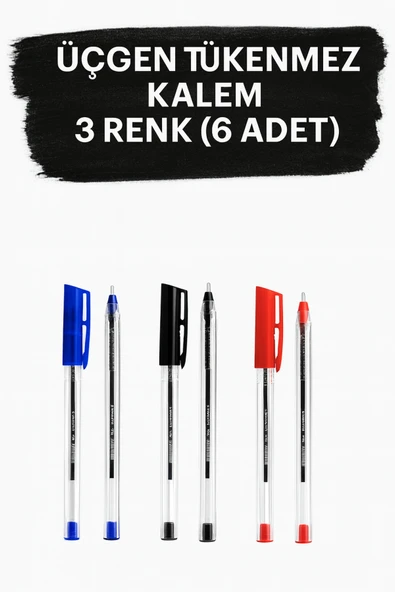 1.0 mm Üçgen Gövdeli Tükenmez Kalem Seti (Mavi, Siyah, Kırmızı) 6'lı Paket ürün görseli 1