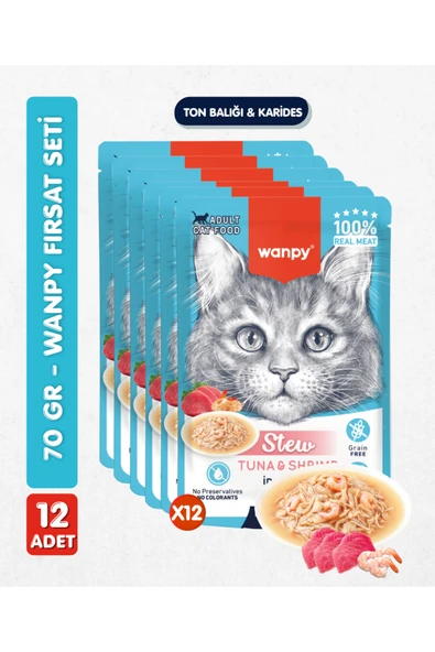 12li Yetişkin Kedi Yaş Maması Ton Balığı & Karides Premium Kalite 12 x 70 gr ürün görseli 1