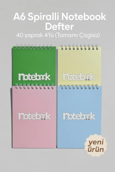 A6 Spiralli Notebook Defter 40 yaprak 4'lü (Tamamı Çizgisiz) ürün görseli 1