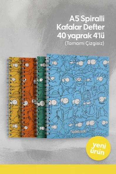 A5 Spiralli Kafalar Defter 40 yaprak 4'lü (Tamamı Çizgisiz) ürün görseli 1