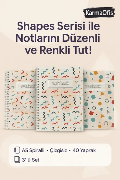 A5 Spiralli Shapes Defter 40 yaprak 3'lü (Tamamı Çizgisiz) ürün görseli 1
