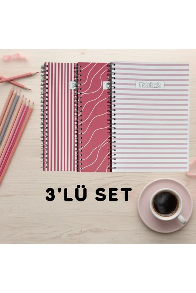 A5 Spiralli Pembeli Defter 40 yaprak 3'lü (Tamamı Çizgisiz) ürün görseli 1