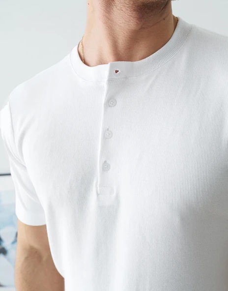 Erkek Beyaz Fitilli Henley Yaka Basic Tişört - Resim 2
