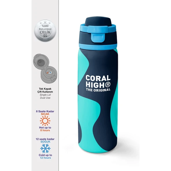 Coral High Lacivert Turkuaz Desenli Pipetli ve Direkt Içim Çelik Termos 800 ml 38546 ürün görseli 1