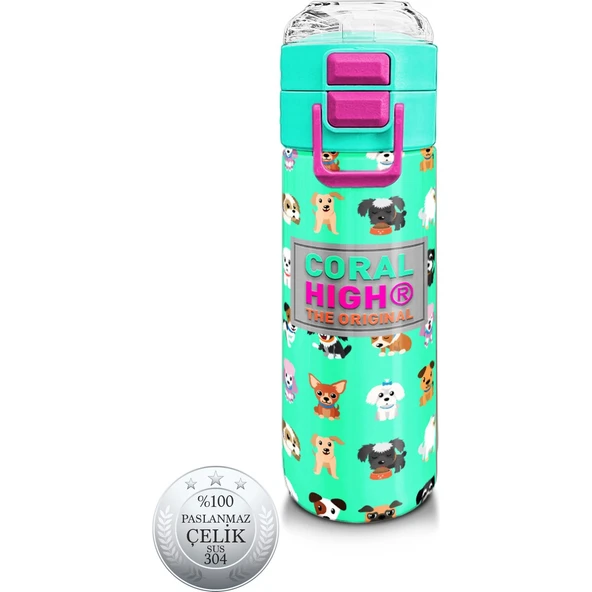 Coral High Kids Su Yeşili Neon Pembe Köpek Desenli Pipetli ve Direkt Içim Çelik Termos 500 ml 31913 ürün görseli 1