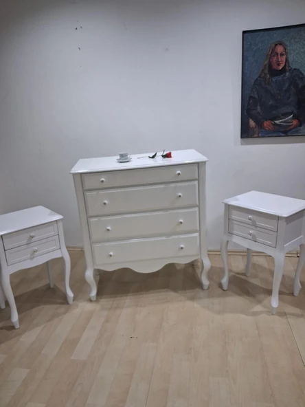 Şifonyer 2 Adet Komodin 90668 Model Aslan Ayak Kayın Parlak Beyaz Porselen Kulp ürün görseli 1
