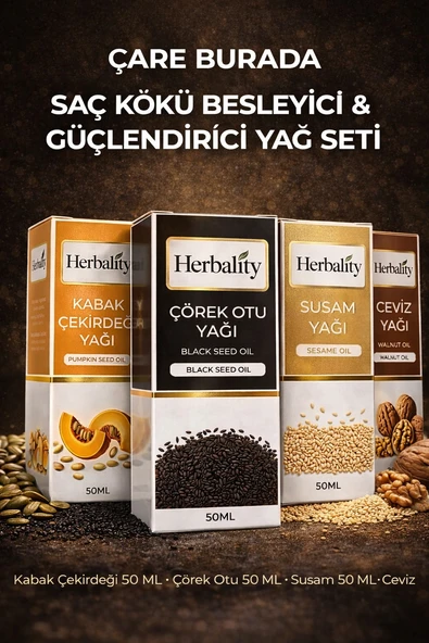 Saç Kökü Besleyici ve Güçlendirici Yağ Seti (Kabak Çekirdeği Yağı & Susam Yağı & Çörek Otu Yağı & Ceviz Yağı) ürün görseli 1
