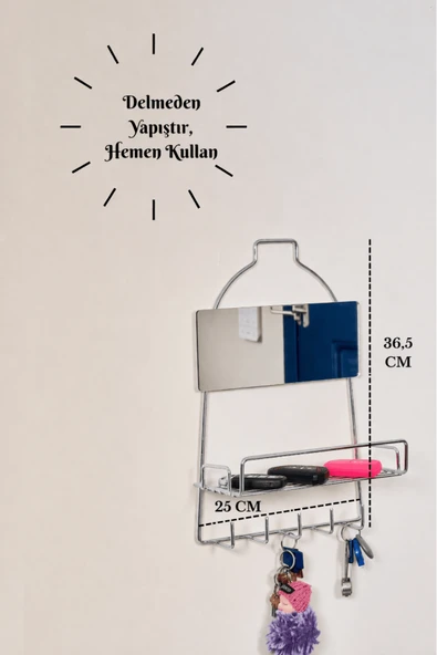 Parlak Silver Modern Duvar Anahtarlığı Raflı, Askılı Organizer, Aynalı Yapışkanlı, Montaj Gerektirmez ürün görseli 1