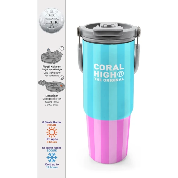 Coral High Renkli Çizgili Desenli Pipetli ve Direkt Içim Çelik Termos 900 ml 38747 ürün görseli 1