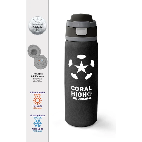 Coral High Siyah Futbol Desenli Pipetli ve Direkt Içim Çelik Termos 800 ml 38558 ürün görseli 1