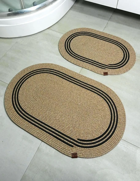 Jüt Hasır 2li Banyo Seti Paspas Takımı-Bej Ortası Aralıklı Siyah ürün görseli 1