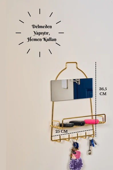 Parlak Altın Modern Duvar Anahtarlığı Raflı, Askılı Organizer, Aynalı Yapışkanlı, Montaj Gerektirmez ürün görseli 1