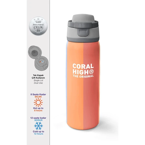 Coral High Kids Renkli Çizgili Desenli Pipetli ve Direkt Içim Çelik Termos 800 ml 38540 ürün görseli 1