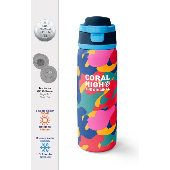 Coral High Renkli Kamuflaj Desenli Pipetli ve Direkt Içim Çelik Termos 800 ml 38510 ürün görseli 1