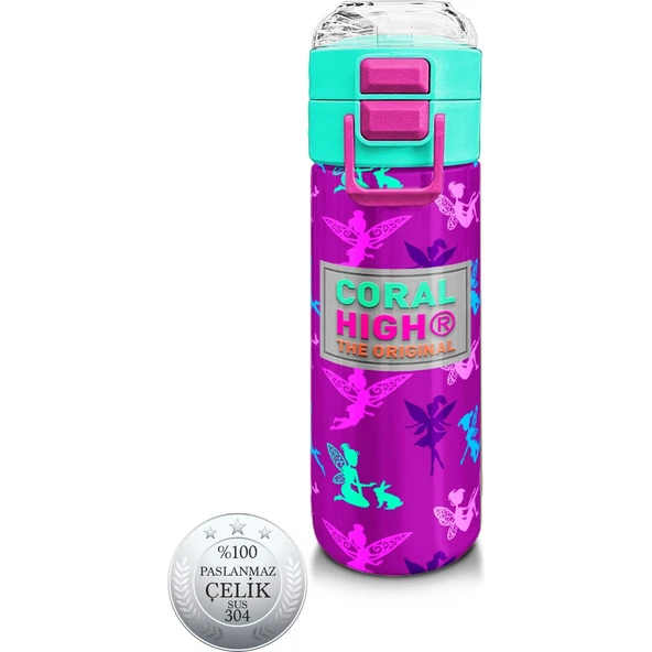 Coral High Kids Pembe Su Yeşili Peri Desenli Pipetli ve Direkt Içim Çelik Termos 500 ml 31900 ürün görseli 1