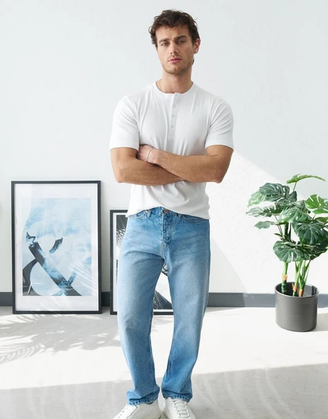 Erkek Beyaz Fitilli Henley Yaka Basic Tişört - Resim 4