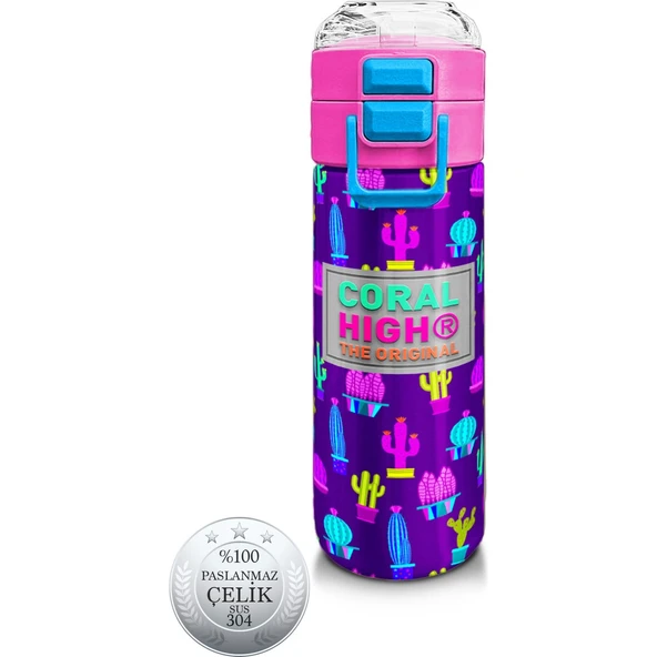 Coral High Kids Mor Pembe Kaktüs Desenli Pipetli ve Direkt Içim Çelik Termos 500 ml 31899 ürün görseli 1