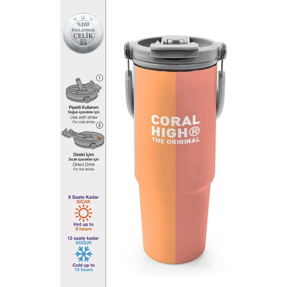 Coral High Renkli Çizgili Desenli Pipetli ve Direkt Içim Çelik Termos 900 ml 38746 ürün görseli 1