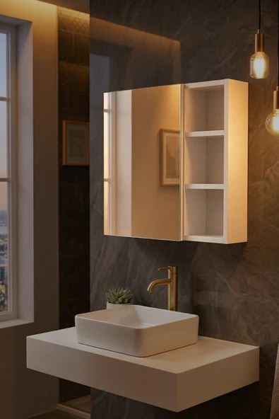 Aynalı, Açık Raflı, Bas-Aç Kapaklı Banyo Dolabı 5980 ürün görseli 1