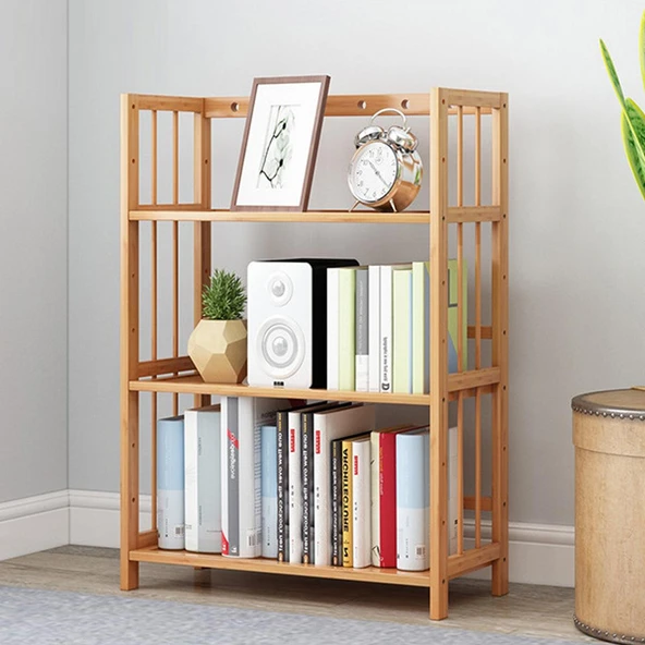 Valkyrie 3 Katlı Bambu Kitaplık 60x23x72 cm Doğal Ahşap Görünümlü Çok Amaçlı Dekoratif Raf ürün görseli 1