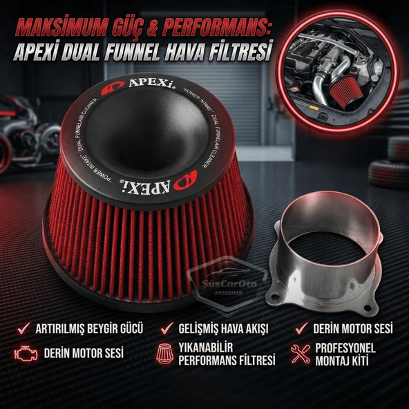 Apexi Universal Performans ve Ses Arttırıcı Aparatlı Açık Hava Filtresi Seti +6 Hp Dual Funnel Kırmızı 76 mm ürün görseli 1