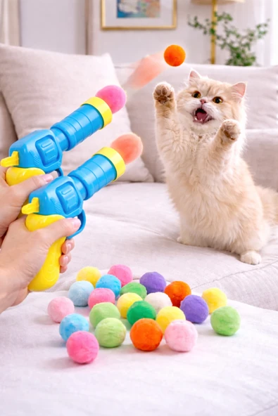 2 Adet Kedi Oyun Tabancası Peluş Top Fırlatan Interaktif Oyuncak Eğlenceli Kedi Eğitim Oyuncağı ürün görseli 1