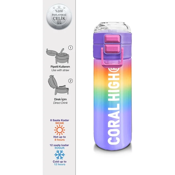 Coral High Kids Renk Geçişli Desenli Pipetli ve Direkt Içim Çelik Termos 500 ml 31863 ürün görseli 1