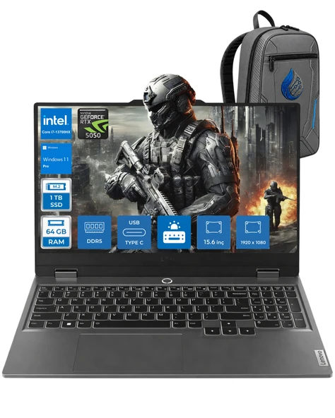 LOQ 15IRX10 Intel® Core İ7-13700HX 64 GB RAM 1 TB SSD RTX5050 15.6" Full HD Gaming Laptop 83JE00WGTRRNP17+ÇANTA ürün görseli 1