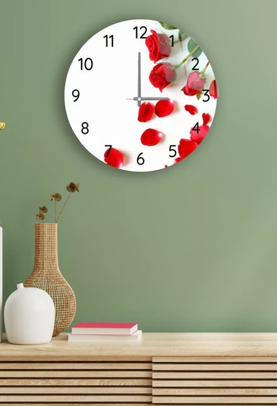Çap37cm -  Kırmızı Güller - Dekoratif Cam Duvar Saati ürün görseli 1