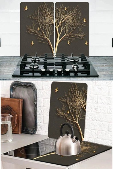 2'li 30x52cm Takım - Altın Ağaç Desenli - Ocak Koruyucu - Cam Kesme Tahtası ürün görseli 1