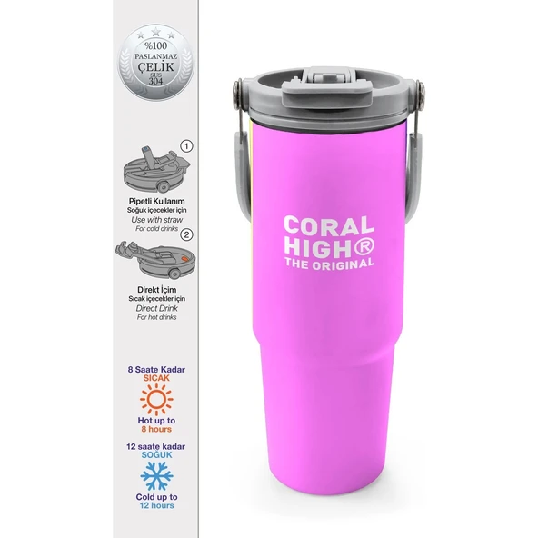 Coral High Renkli Çizgili Desenli Pipetli ve Direkt Içim Çelik Termos 900 ml 38716 ürün görseli 1
