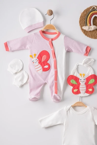 Kelebek Nakışlı Puanlı Tulumlu % 100 Pamuk Kız Bebek 5'li Set ürün görseli 1
