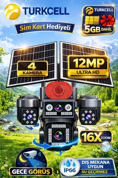 ONQAM ON-SG4474 12MP 4 Lens 4G Çift Solar Panel HiEasy AOV (Sürekli Kayıt) Gece Görüş Çift Yönlü Ses Turkcell Sim Kart ürün görseli 1