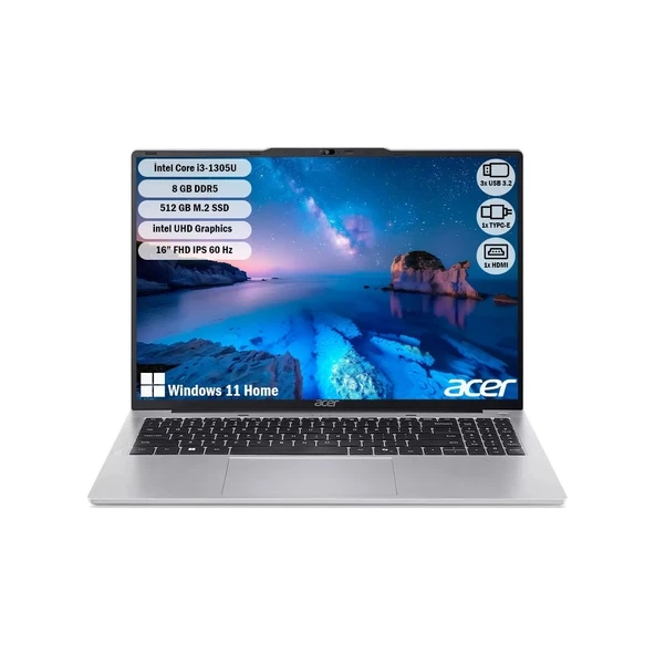 ACER AL16-52P I3-1305U 8 GB 512SSD Uma 16''fhd W11HOME NX.J23EY.002 ürün görseli 1