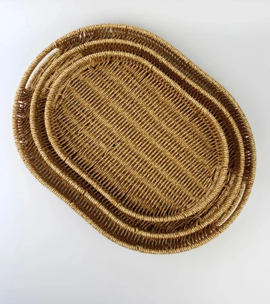 3 lü Rattan Tepsi Dekoratif Tepsi Hasır Örme Tepsi Oval ürün görseli 1