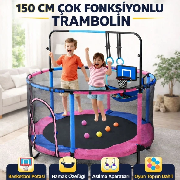 150 Cm Çocuk Trambolini Fileli Büyük Boy Çok Fonksiyonlu Basket Potası ve Hamaklı ürün görseli 1