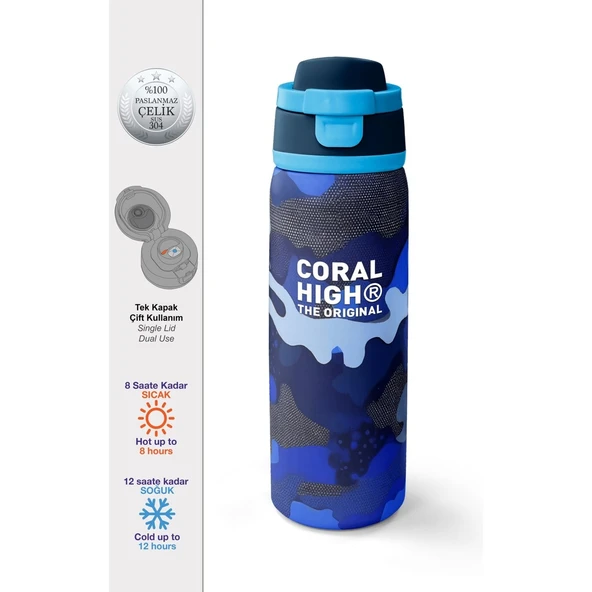 Coral High Lacivert Saks Kamuflaj Desenli Pipetli ve Direkt Içim Çelik Termos 800 ml 38549 ürün görseli 1