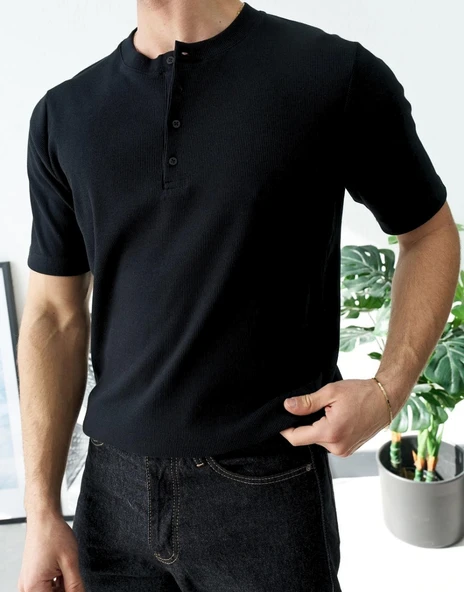 Erkek Siyah Fitilli Henley Yaka Basic Tişört ürün görseli 1