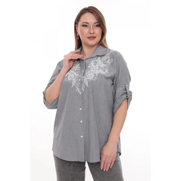 Büyük Beden %100 Cotton Nakış Detaylı Çizgili Gömlek Şık ve Rahat ürün görseli 1